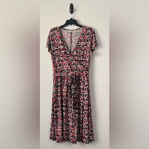 Cato Red, Black & White Abstract Wrap-Style Midi Dress, Size L